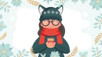 A girl in warm winter clothes holds a cup with a hot drink in her hands. Vector illustration.