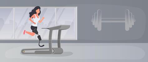 A girl with a prosthetic leg runs on a treadmill. A woman with a robotic leg is exercising in the gym. . vector