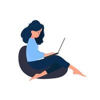 The girl sits on an ottoman and works at a laptop. A woman with a laptop sits on a large pouf. Isolated. Vector. vector