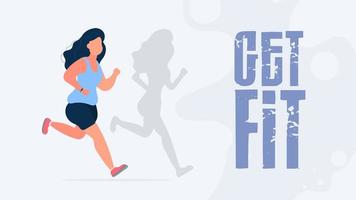 ponerse en forma banner. chica gorda está corriendo. la sombra de una chica delgada. entrenamiento cardiovascular, adelgazamiento. el concepto de pérdida de peso y estilo de vida saludable. vector. vector