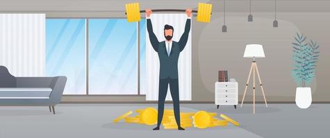 A businessman in a business suit raises a barbell. The man in the office raises the barbell. Successful business concept. Vector. vector