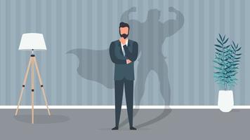 Business vector banner. Super businessman concept. Businessman with a superhero shadow. Confident young elegant man.