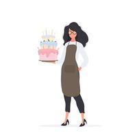 Girl cook holds a birthday cake. Girl holds a pie. Isolated. Vector. vector