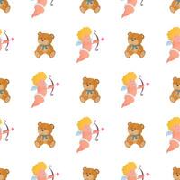 Seamless pattern with cupid and teddy bear. Festive pattern. Suitable for postcards, backgrounds, books and posters. Vector illustration.