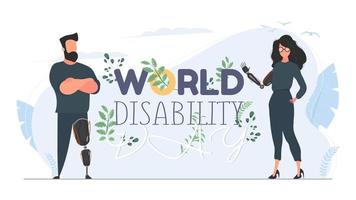 día mundial de la discapacidad. día internacional de las personas con discapacidad. chica con una prótesis de mano. un hombre con una prótesis de pierna. vector. vector
