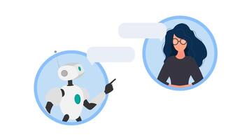 Chat icon. A robot in dialogue with a girl. Suitable for apps, sites and topics related to automatic replies and artificial intelligence. Vector. vector