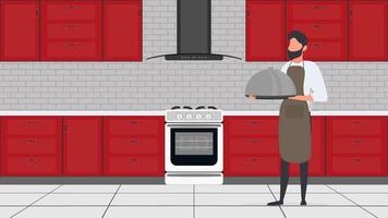 A man holds a metal dish with a lid. The guy in the kitchen apron is a tray. Good for banners and articles on the culinary theme. Vector. vector