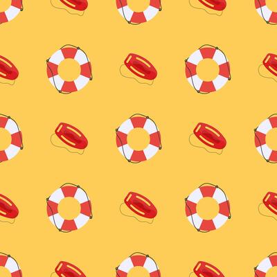 Seamless pattern with lifebuoys and swim boards. Good for postcards, murals, backgrounds, and fabrics. Vector illustration.