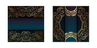 Template Greeting card with a gradient blue color with a gold mandala pattern for your brand. vector