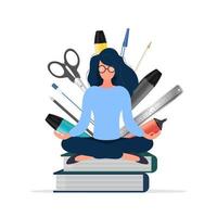 Cute young girl sitting on books while meditating vector