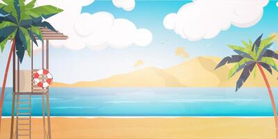 Tropical beach with palm trees and lifeguard tower vector