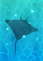 Azure water of the ocean. Turquoise surface of water in the ocean with fishes. Manta ray, oriental carp. Background for a summer poster, foyer or postcard. Vector. vector