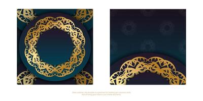 Brochure template with gradient blue color with vintage gold pattern ready to print. vector