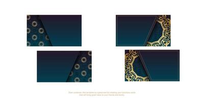 Blue gradient business card with abstract gold ornament for your contacts. vector