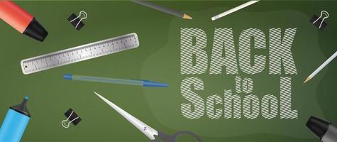 Back to school green banner. School supplies, pen, pencil, marker, ruler, scissors, paper clip. Vector. vector