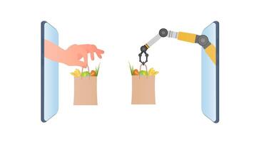 Robot hand holds a paper bag with products. Hand gently holds a bag. Online shopping concept, mobile phone and hand hold products on a white background. Vector. vector