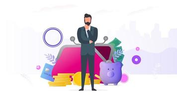 Successful businessman. Big wallet, credit card, gold coins, dollars. Concept of profit, cashback or wealth. Banner on the theme of finance. Vector. vector