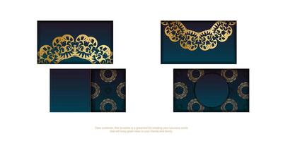 Blue gradient business card with abstract gold ornament for your brand. vector