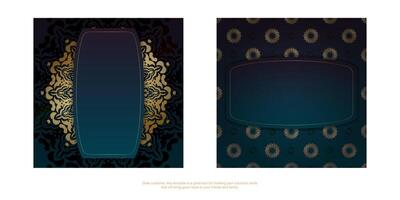 Template Greeting card with a gradient of blue color with a gold ornament mandala for your brand. vector