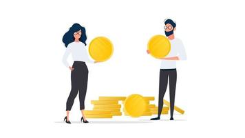 The guy and the girl are holding gold coins. Isolated. Vector. vector