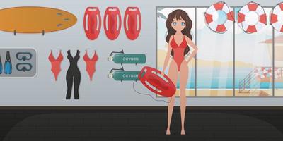 A girl in a red swimsuit holds a life board. Lifeguard woman in the lifeguard room. Cartoon style. Vector illustration.