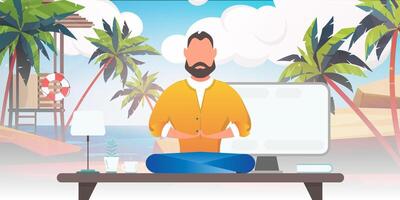 A man meditating on a beach with palm trees vector