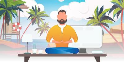 A man sits at an office table and dreams of the sea. Office with a sea view. The concept of rest while working. Vector. vector