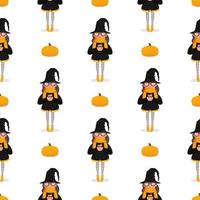 Seamless background with witch and pumpkins. Suitable for postcards, wrapping paper, books and posters. Halloween theme. Vector. vector
