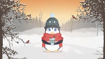 A penguin in winter warm clothes holds a cup in his hands. A cute penguin in a snowy forest is drinking a hot drink. Ready-made postcard for a winter theme. Vector illustration.