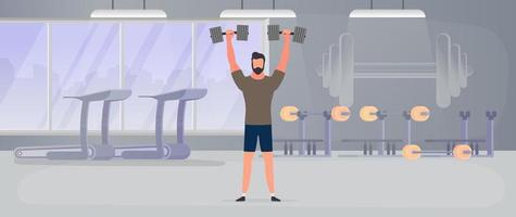 Spotsman with a barbell in the gym. A man lifts a dumbbell. The concept of sport and healthy lifestyle. Vector. vector