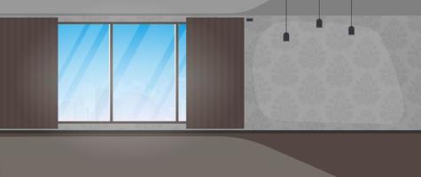 Empty room with a large panoramic window. A room with monograms on the walls. Vector illustration.