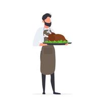 Male cook holds a fried turkey in his hand. The guy in the kitchen apron is holding fried chicken. Isolated. Vector. vector