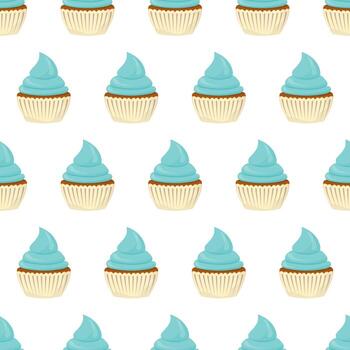 A seamless pattern with blue cupcakes on a white background vector