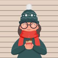 A girl with winter warm clothes and glasses holds a hot drink in her hands. Ready-made square card for a winter theme. Wooden background. Vector illustration.