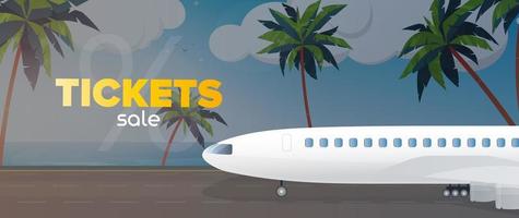Sale of air tickets banner. Sandy beach with palm trees. Vector illustration.