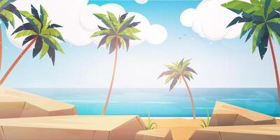Tropical beach with palm trees and rocks vector
