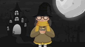 Girl in black suit and hat holding a cup with hot drink. A cute witch with mulled wine is standing in the forest. Full moon, castle, bats. Halloween concept. Vector. vector