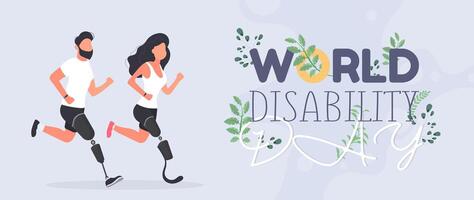 A man and a woman with a prosthetic leg are running. World Day of Persons with Disabilities. International Day of Persons with Disabilities. Vector illustranion.