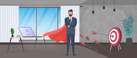 Businessman hits the target. Hit the center of the target with an arrow. Businessman with a red cloak. Office. The concept of motivation and achievements in business. Vector. vector