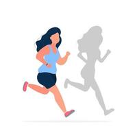 chica gorda está corriendo. la sombra de una chica delgada. entrenamiento cardiovascular, adelgazamiento. el concepto de pérdida de peso y estilo de vida saludable. vector. vector