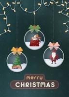 feliz navidad tarjeta verde. juguetes redondos transparentes con nieve y bersonages en su interior. guirnalda con bulbos. ilustración vectorial. vector