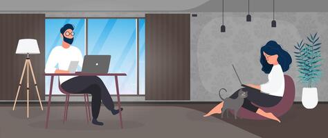 Work at home banner. The girl sits on a large pouf and works at a laptop. The guy sits at the table working on the computer. Vector. vector