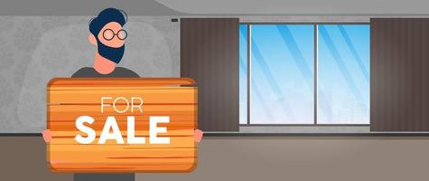 A guy with glasses holds a wooden sign with the inscription for sale. Young man holding a wooden sign. The concept of selling an apartment, office or building. Vector. vector