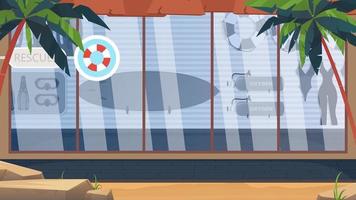 Beach lifeguard room. Swimming board, lifebuoy, fins and mask, oxygen tank. Cartoon style. vector