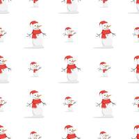 Seamless pattern with a snowman in a red hat and scarf. Suitable for postcards, books and posters. Vector illustration.