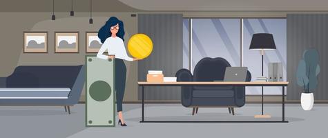 The girl is holding a dollar. Woman with a gold coin in her hands. The concept of earning and successful business. Vector. vector