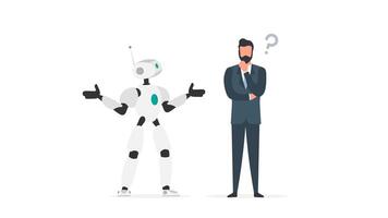 The robot cannot find a solution. The robot makes a helpless gesture. The businessman pondered. Artificial intelligence failure concept. Isolated. Vector. vector