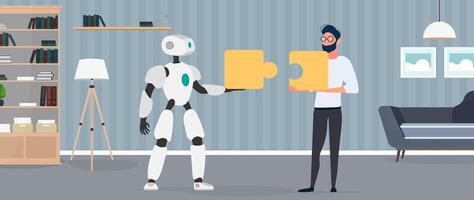 The guy and the robot are holding puzzle pieces. Teamwork concept. vector