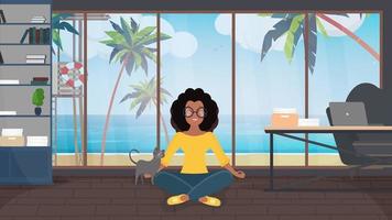 la niña está meditando en una habitación con una gran ventana panorámica que da a la playa. la mujer está haciendo yoga. concepto de vacaciones de verano. vector