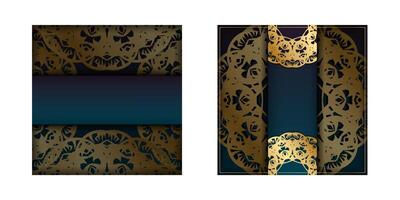 Gradient blue gradient flyer template with abstract gold ornaments ready for printing. vector